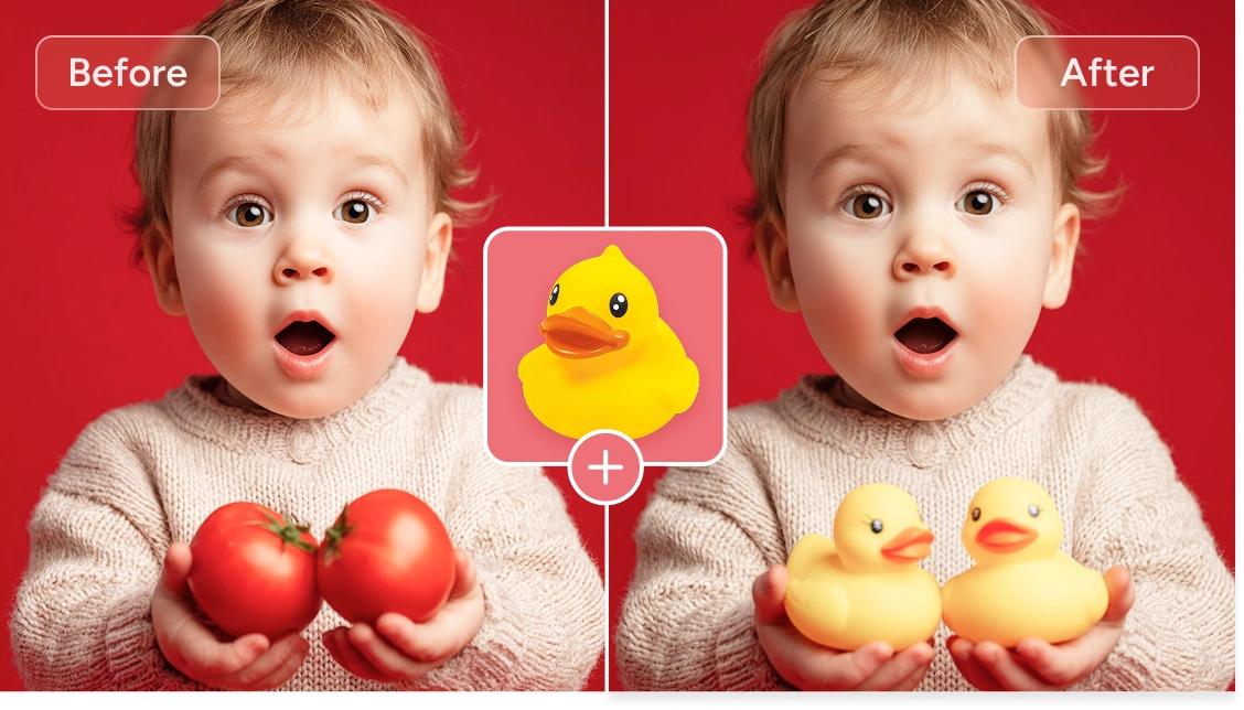 before and after effect of changing the apples on the baby hands into two duck toys